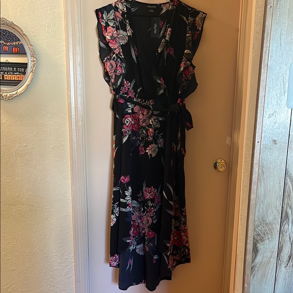 City Chic Black and Pink Floral Midi Dress